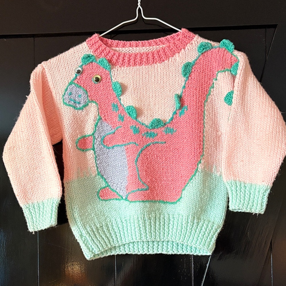 Handmade vintage knit Cute Dinosaur Sweater for Kids sz 4/5